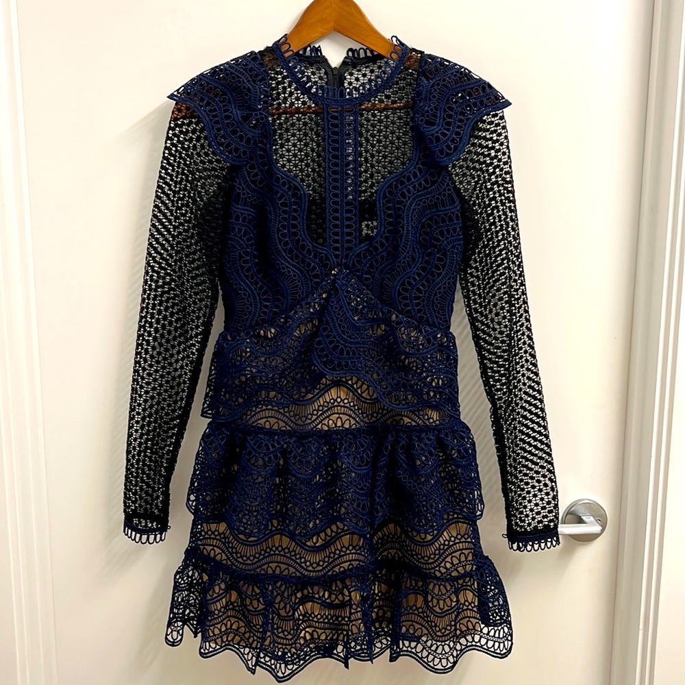 Self-Portrait - Lace Navy Blue Mini Dress - UK 8 / US 4.